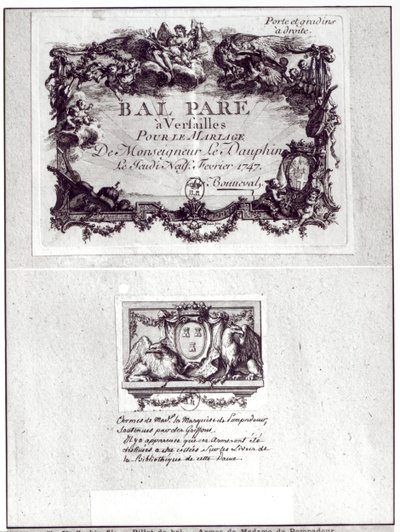 Eintrittskarte für den Ball in Versailles zur Hochzeit von Monseigneur le Dauphin, 9. Februar 1747 und Ex Libris mit den Waffen von Madame de Pompadour (1721-64) von Charles Nicolas II Cochin